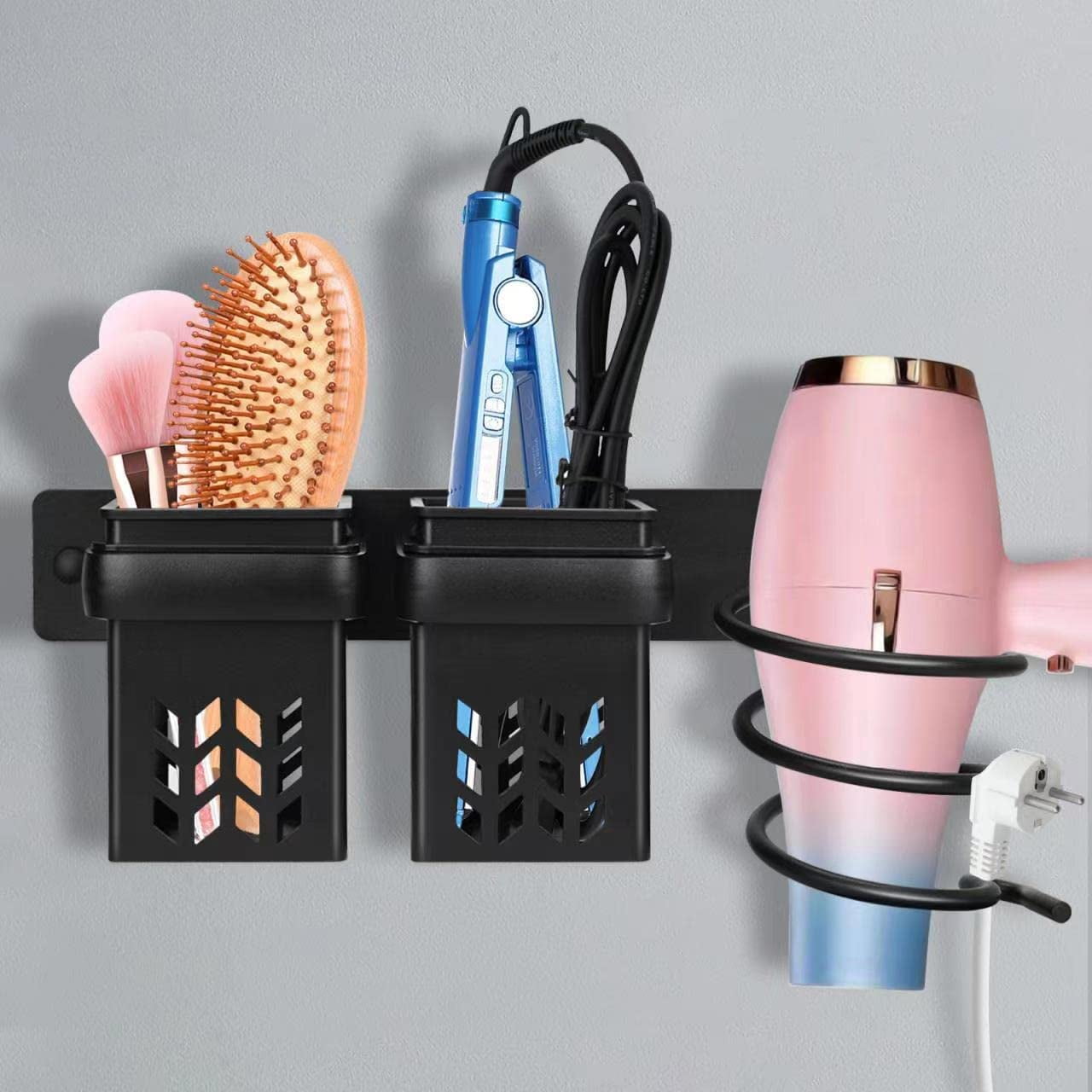 SHAR Hair Dryer Holder Aluminum Hair Dryer Stand and Straightener Holder with ABS Storage and Cable Tidy Multifunctional Bath Rack for Storing Hair