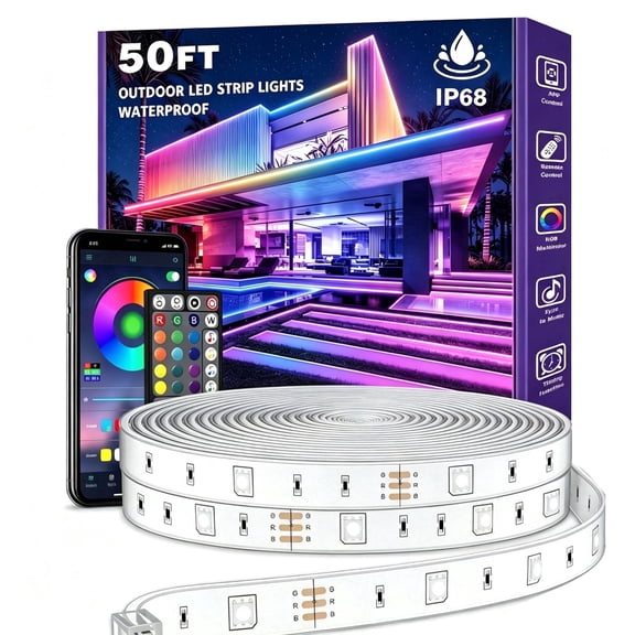Indoor/Outdoor 50Ft Music Sync App Control Remote Color Changing Flexible Linear LED Strip Lights