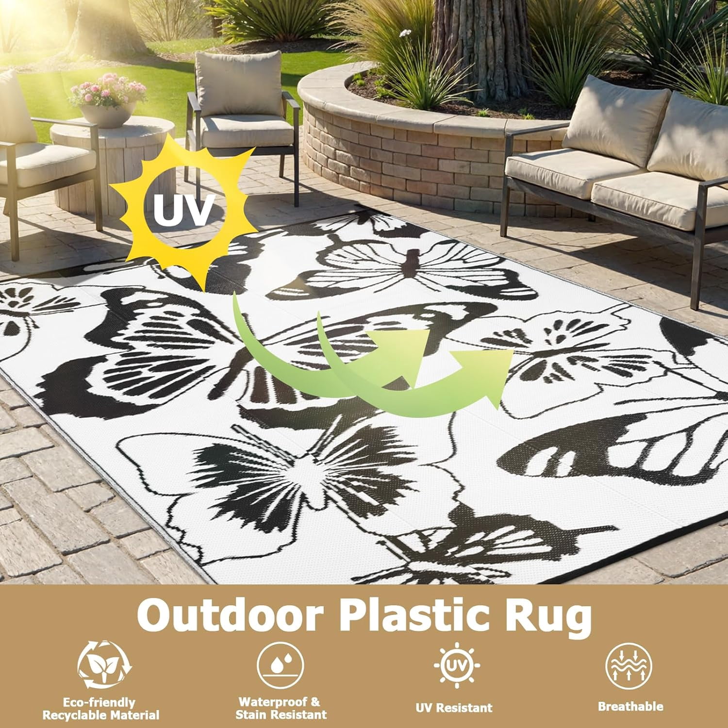 Wonnitar 8x10 Butterfly Outdoor Rug Waterproof, Large Washable Rugs for Outside, Plastic Foldable Black&White Indoor Outdoor Carpet for Patio Balcony
