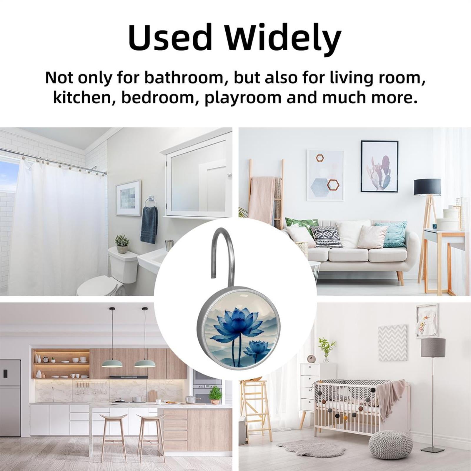 Imobaby 12 Pcs Metal Shower Curtain Hooks Rust Proof for Shower Curtain Liner - Landscape Ink Blue Lotus