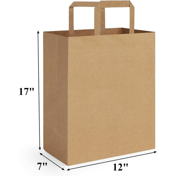 Large Paper Grocery Bags with Flat Handles, 12x7x17" Kraft Sacks for Shopping, Takeout, Gift & Retail Use