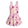 thumbnail image 4 of COEQINE Girls One Piece Swimsuit with Skirt Sleeveless Cute Skirted Bathing Suit Hawaiian Swimwear for Kids 3-4 Years, Summer Swim Dress for Water Play, Tropical Plumeria Pink Purple, 4 of 8