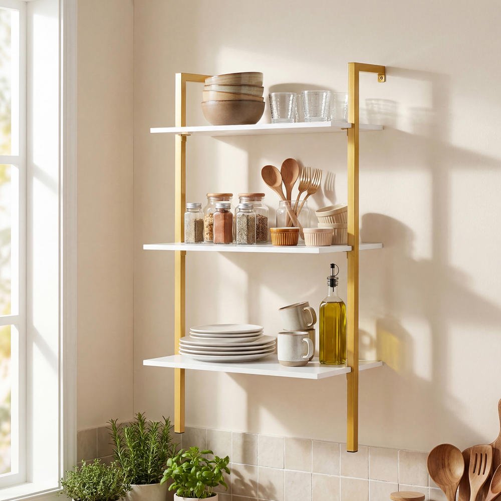 Floating Shelving Unit 3-Tier Wall Mounted Wooden with Metal Ladder Frame White Bookshelf for Storage
