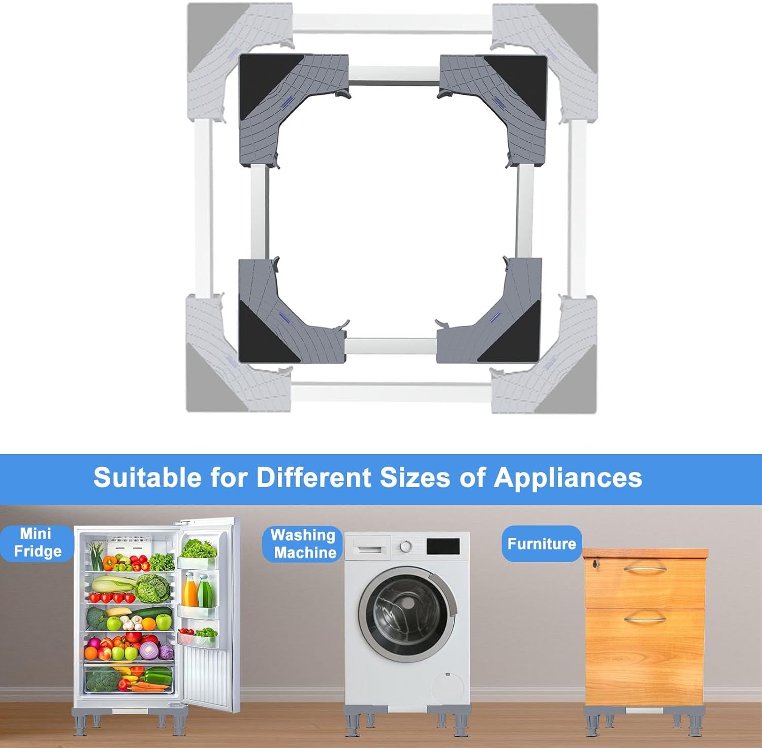 Adjustable Mini Fridge Stand, Portable Washer Stand Base with 4 Support Legs for Refrigerator, Dryer and Washing Machine, Gray