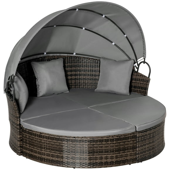 Outsunny 2 Pcs Rattan Outdoor Daybed with Retractable Canopy, Mixed Grey
