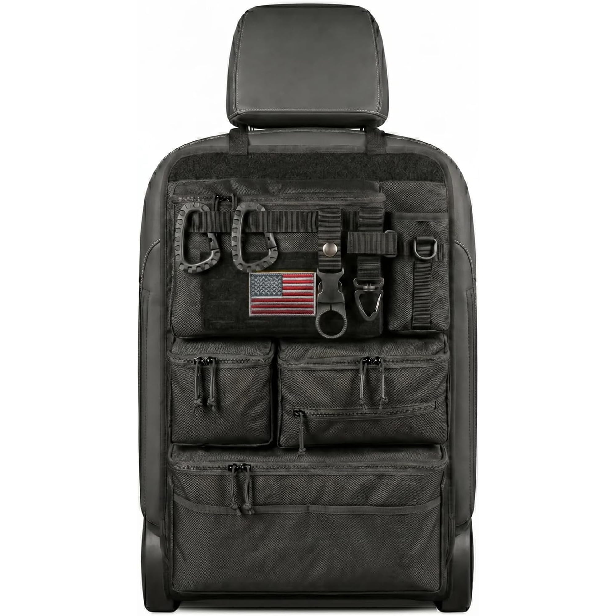 Tactical Car Seat Back Organizer Heavy Duty Vehicle Storage Kit Multi Pocket Water Resistant Utility for SUV Truck Jeep (Black) 1 Pack