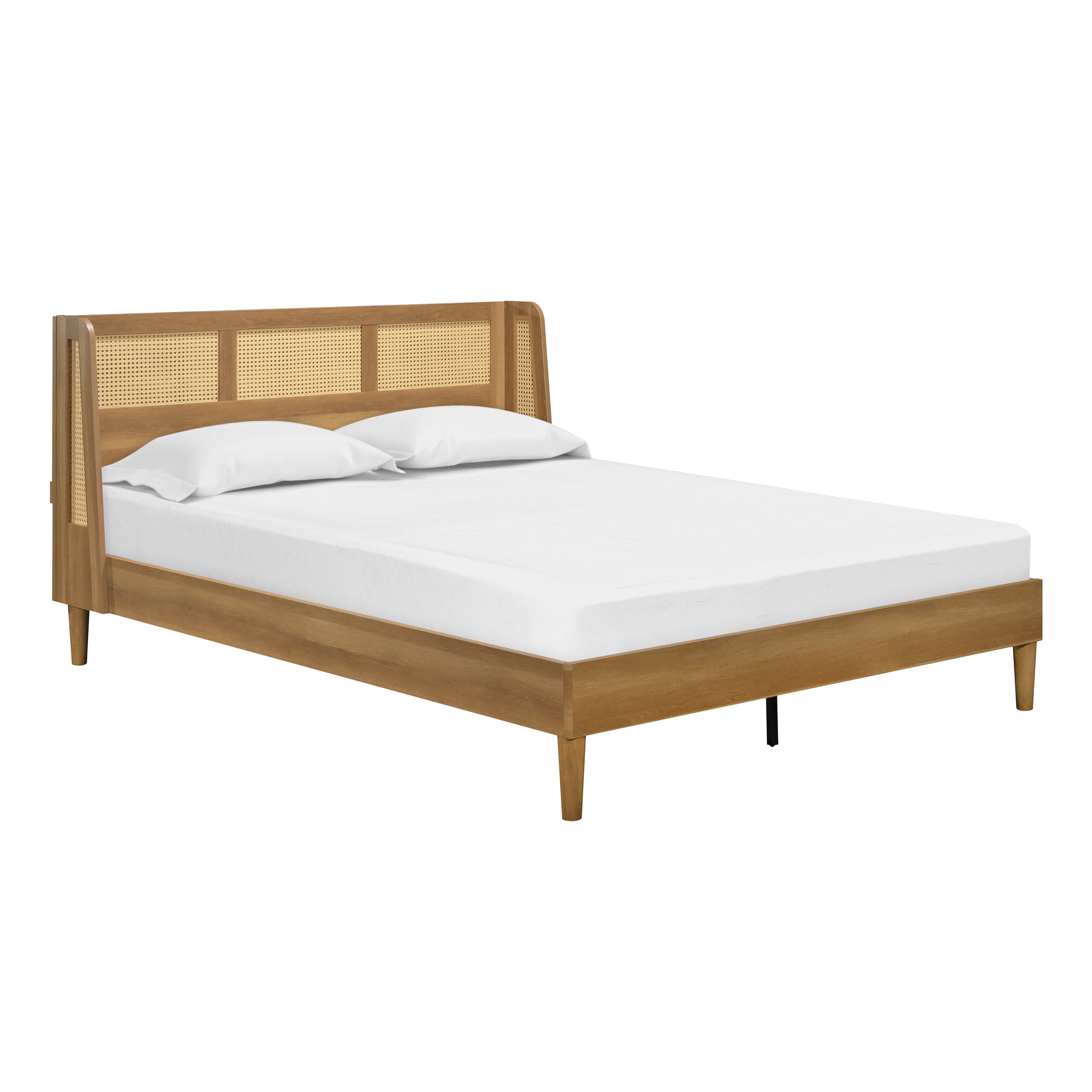 Better Homes & Gardens Springwood Caning Queen Platform Bed With Headboard, Light Honey Finish