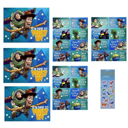 Disney Toy Story Birthday Party Supplies Bundle includes 24 Party Invitation, 24 Envelopes, 24 Save the Date Stickers, 1 Dinosaur Sticker Sheet