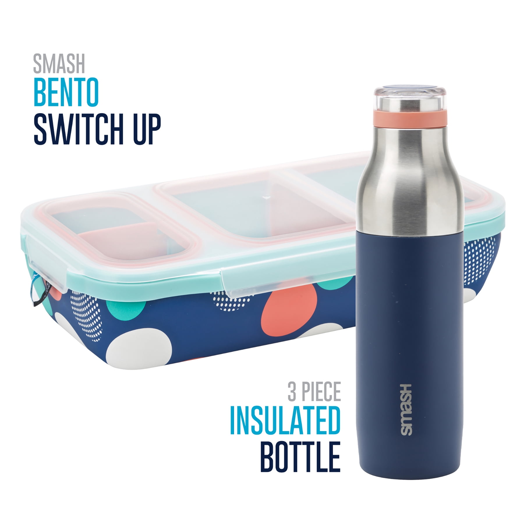Bento Switch Up lunch box with Bottle. Leakproof with adjustable dividers and 16.9 fl oz Bottle. BPA free, dishwasher safe. Durable, food grade stainless steel. Color/print Misty.