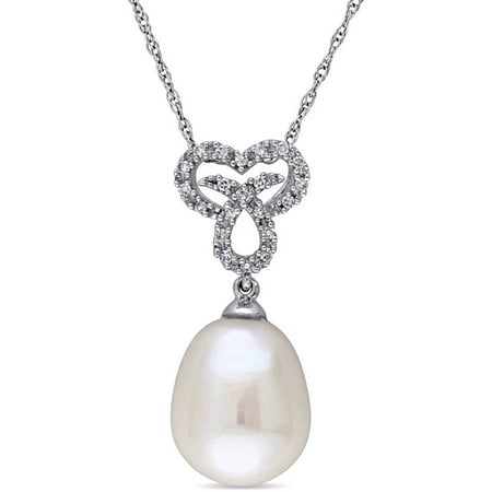 Miabella 9.5-10mm White Cultured Freshwater Pearl and 1/10 Carat T.W. Diamond 10kt White Gold Heart Twist Pendant, 17