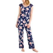 CHARTER CLUB Sets Navy Stretch Lace Floral Cap Sleeve Round Neck T-Shirt Straight leg Everyday Size XS