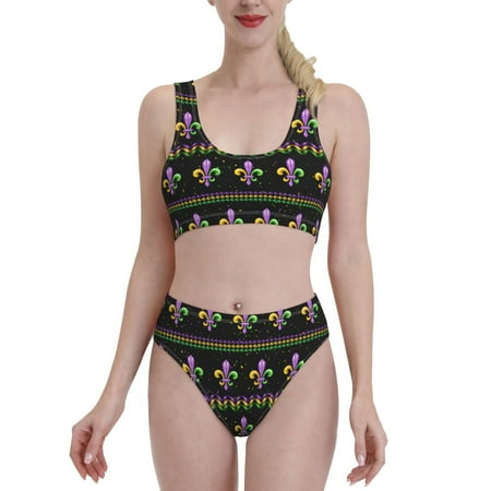 Bixox Mardi Gras Fleur de Lis Pattern Two-Piece Sports Bikini with U-Shaped Top and High-Waist Bottom - Women s Swimwear with Removable Bra Pads