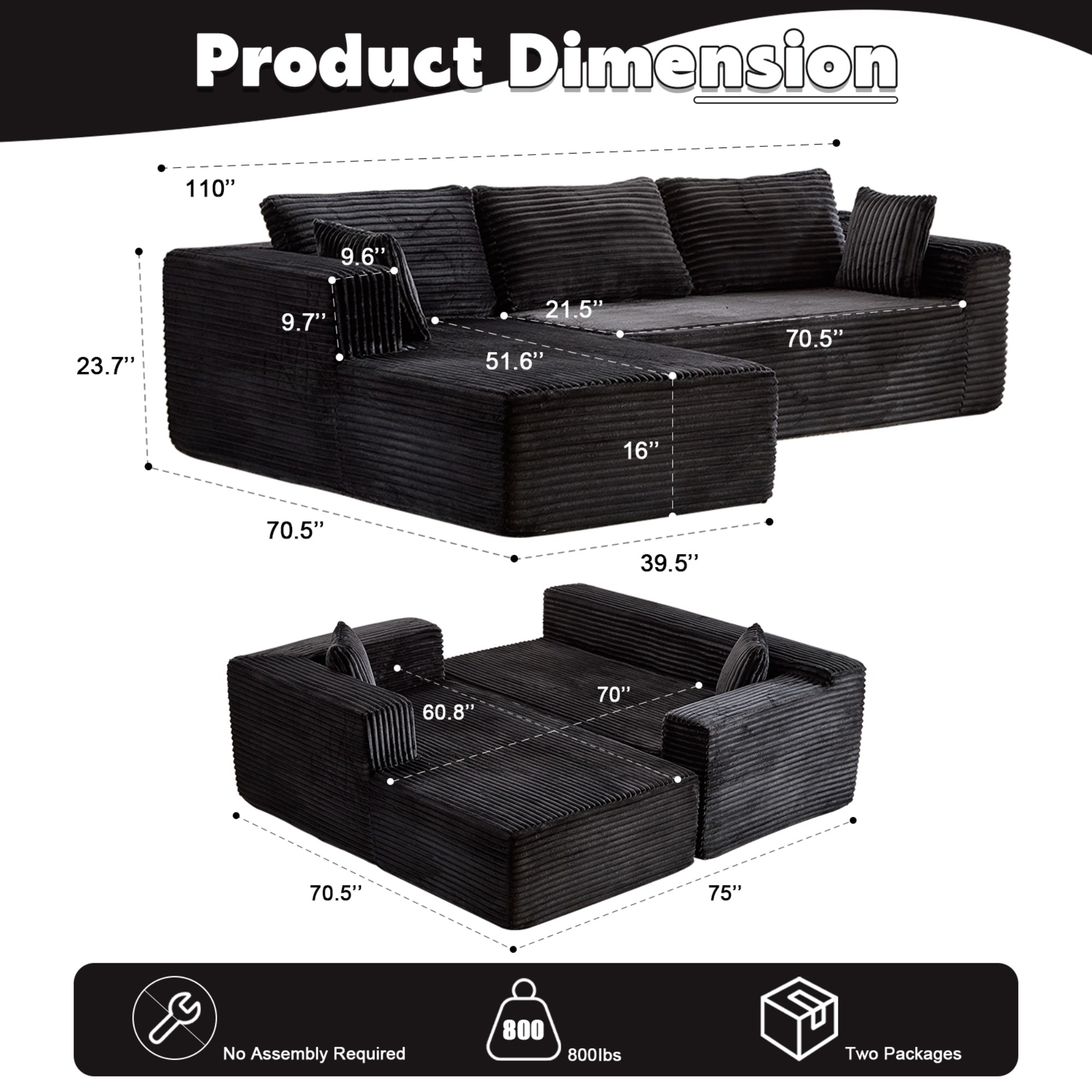L-Shape Sectional Sofa Couch with Comfy Chaise,Modular Compression Sectional Couch with Deep Seat,Corduroy Sleeper Sofa Couches for Living Room Bedroom Apartment,Black