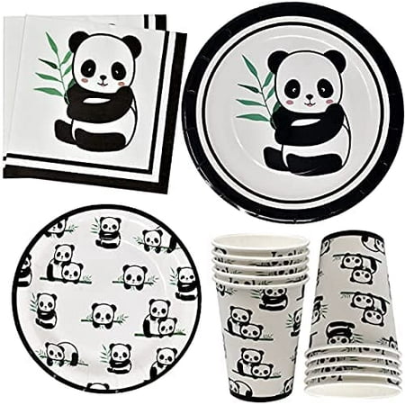 Panda Bear Party Supplies Tableware Set 24 9" Paper Plates 24 7" Plate 24 9 Oz Cups and 50 Lunch Napkins for Zoo Forest Jungle Safari Animal Adventure Baby Shower Birthday Theme Dinnerware Decoration