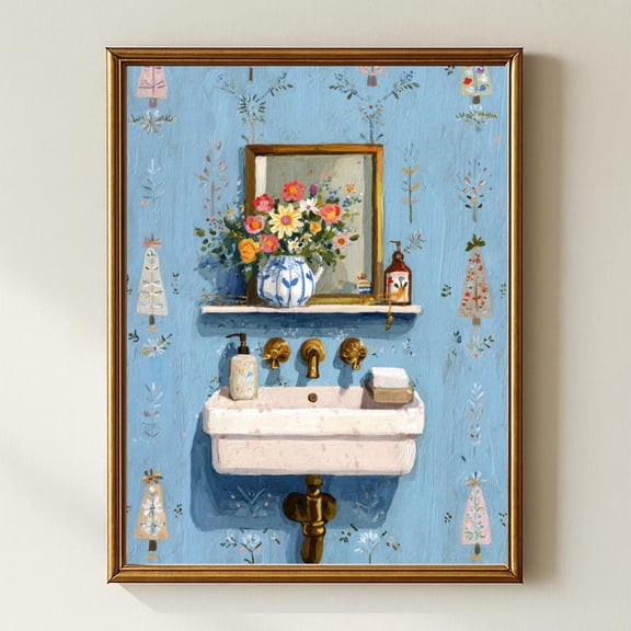 Vintage Floral Bathroom Art Print Cottagecore Sink & Flowers Poster Decor, Unframed Poster Size 8x12 F03.1.22l1279