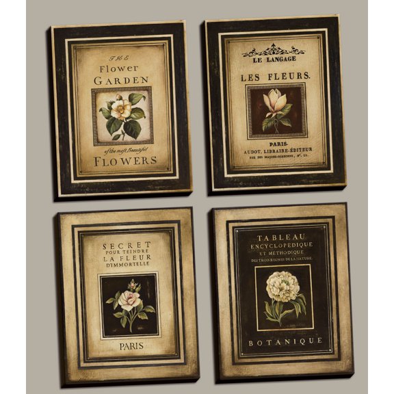 Lovely French Flower Set; Four 8x10-Inch Hand-Stretched Canvases; Ready to hang! Black/Beige