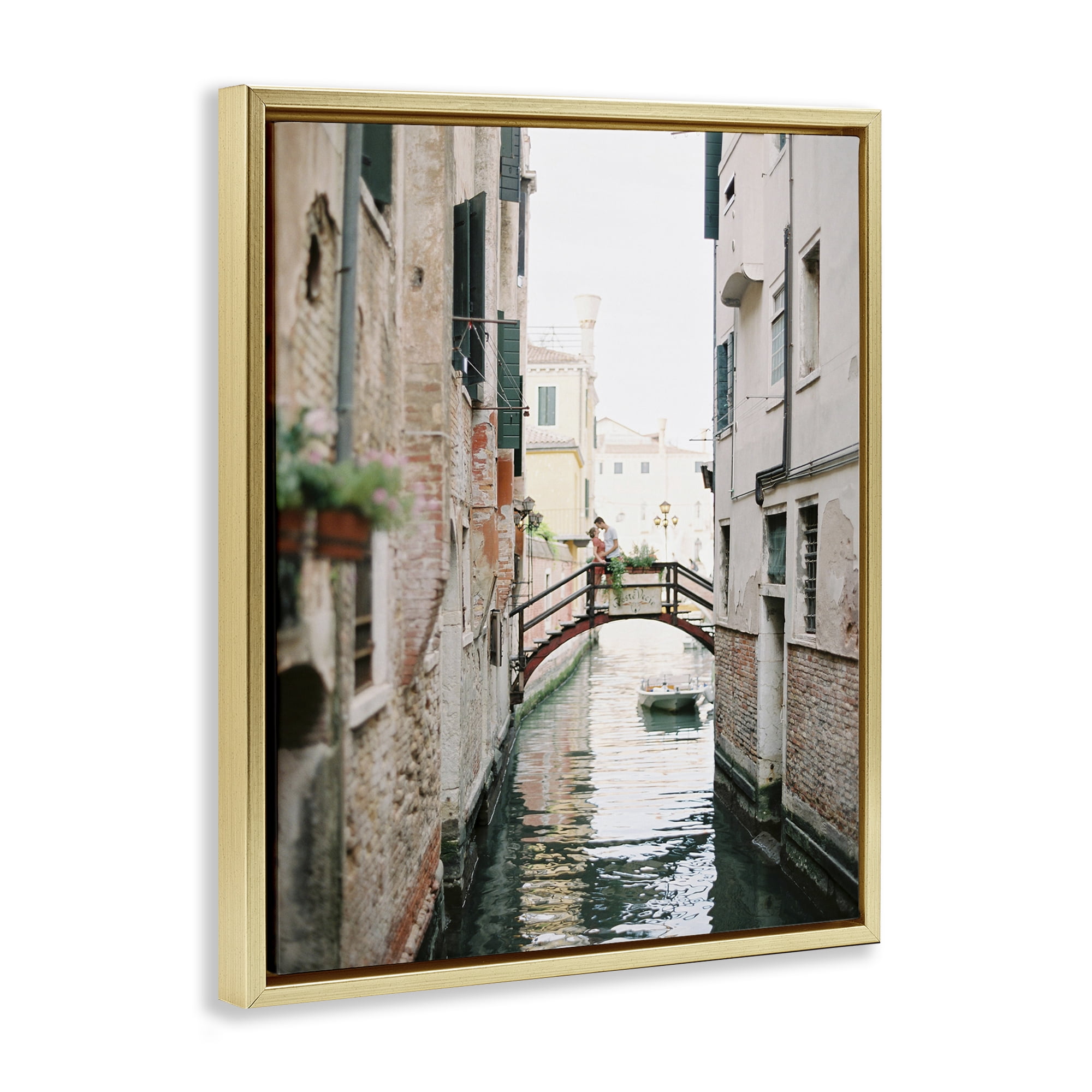 Stupell Industries Couple on Canal Bridge Town & City Photography Gold Floater Framed Art Print Wall Art, 17 x 21