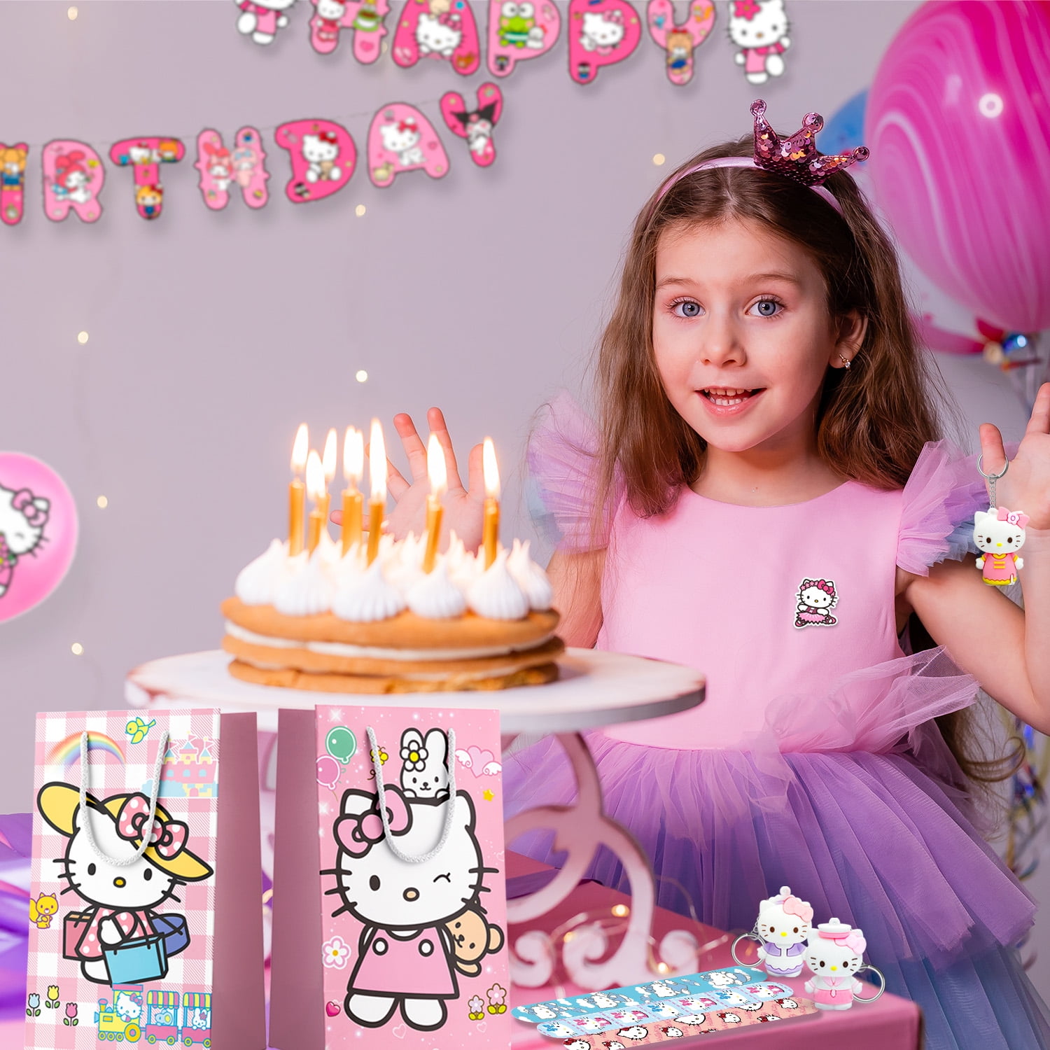 Hello Kitty Party Favors, 110 pcs All-in-One Hello Kitty Birthday Party Favors Set, Including Hello Kitty Party Favor Bags, Stickers, Bracelets Other Hello Kitty Party Favors for Party Supplies