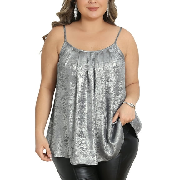 Agnes Orinda Women's Plus Size Sequin Tops Sparkly Spaghetti Strap Pleated Party Shirt Club Glitter Cami 1X Silver