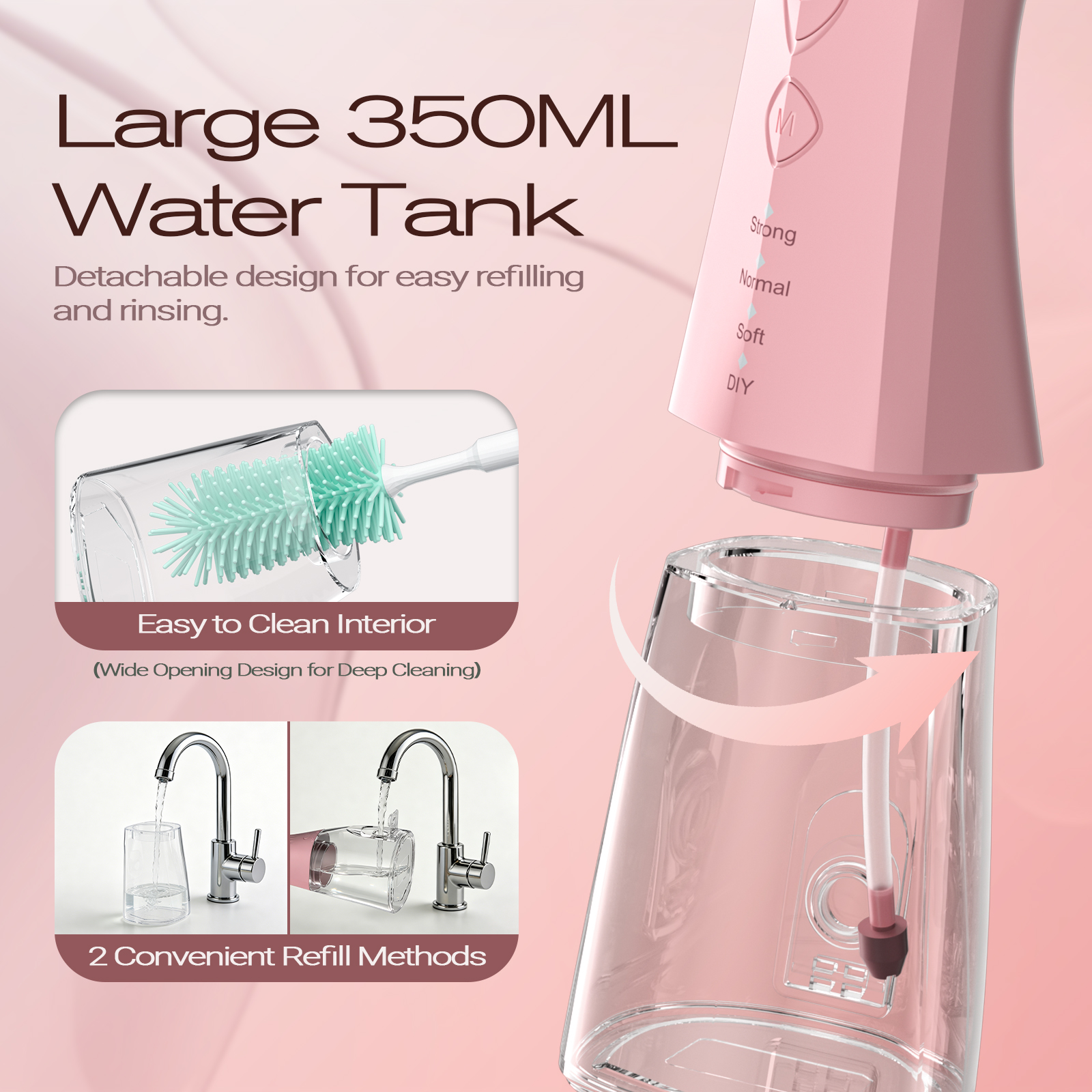 OasiSmile Irrigador Dental para Dientes, Irrigador Oral Portátil Inalámbrico Recargable de 350ml para Hogar, Viajes y Oficina, Rosa 4