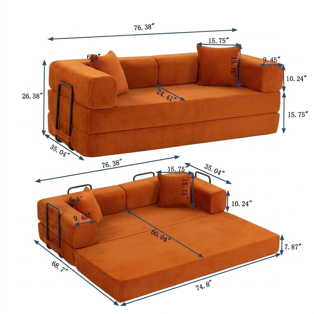 Hommoo Versatile Corduroy Fabric Full Foam Modular Compressed Sofa Couch Bed Sleeper with Multiple Layout Options, Orange