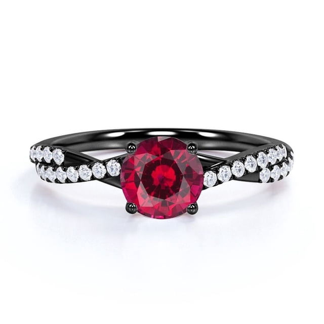 JeenMata Anillo de Compromiso con Forma de Garra Infinity con Detalles Pavé: Rubí y Moissanita Creados en Laboratorio de Forma Redonda de 1 TCW; Baño de Oro Negro de 18 K sobre Plata