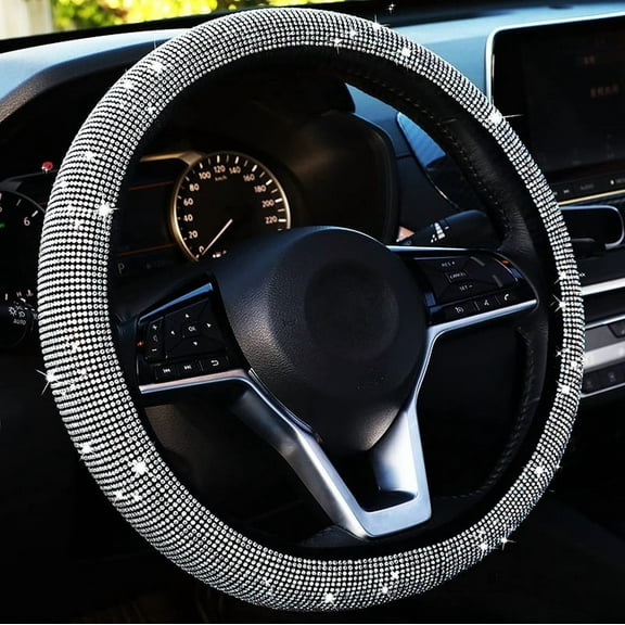 Car Steering Wheel Cover Universal Fit for 15 Inches Diameter, Bling Crystal Rhinestones Steering Wheel Protector for Women Anti-Slip Backing Elastic Easy Installation, White