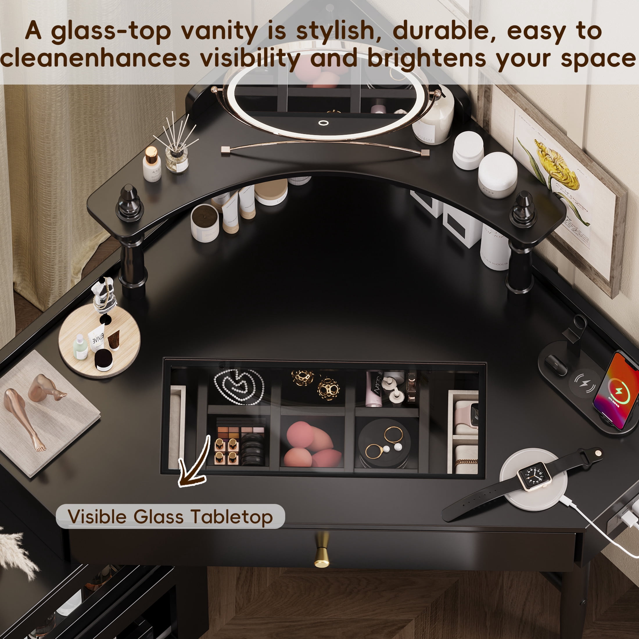 Noble House Corner Vanity Desk Set with Charging Station, Makeup Table and Storage Stool, Black