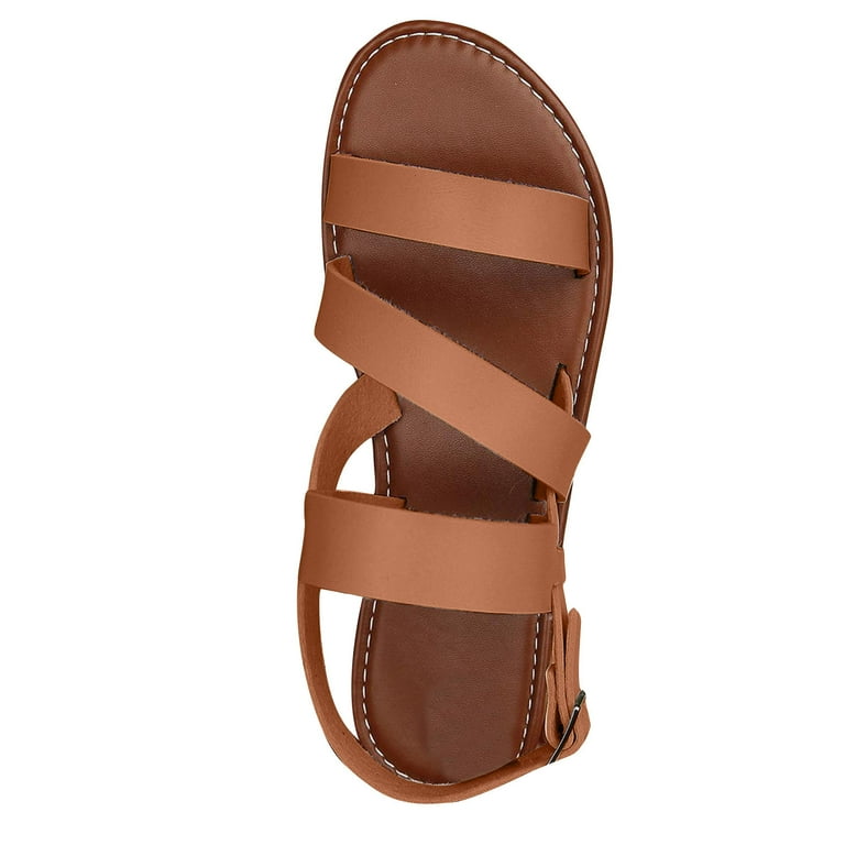 Miluxas Women s Elastic Ankle Strap Flat Sandals Clearance Summer Dressy Shoes Cute Strappy Gladiator Sandals Brown 6 37 Walmart