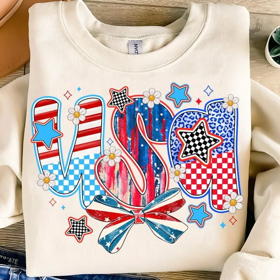 Patriotic Coquette Bow Sweatshirt – Red White Blue USA Flag Crewneck with Girly 4th of July Aesthetic and Stars & Stripes BTO