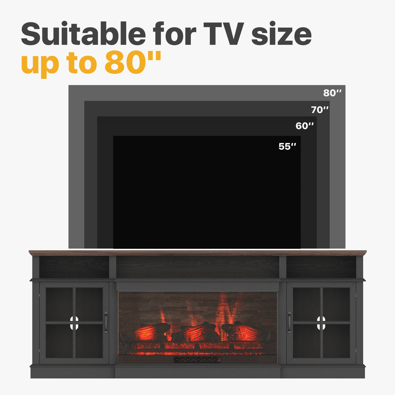 Sonegra 70 inch Fireplace TV Stand for TVs up to 80" with Electric Fireplace, Farmhouse Entertainment Center with LED Lights and Glass Door, Modern TV Consoles for Living Room, Black