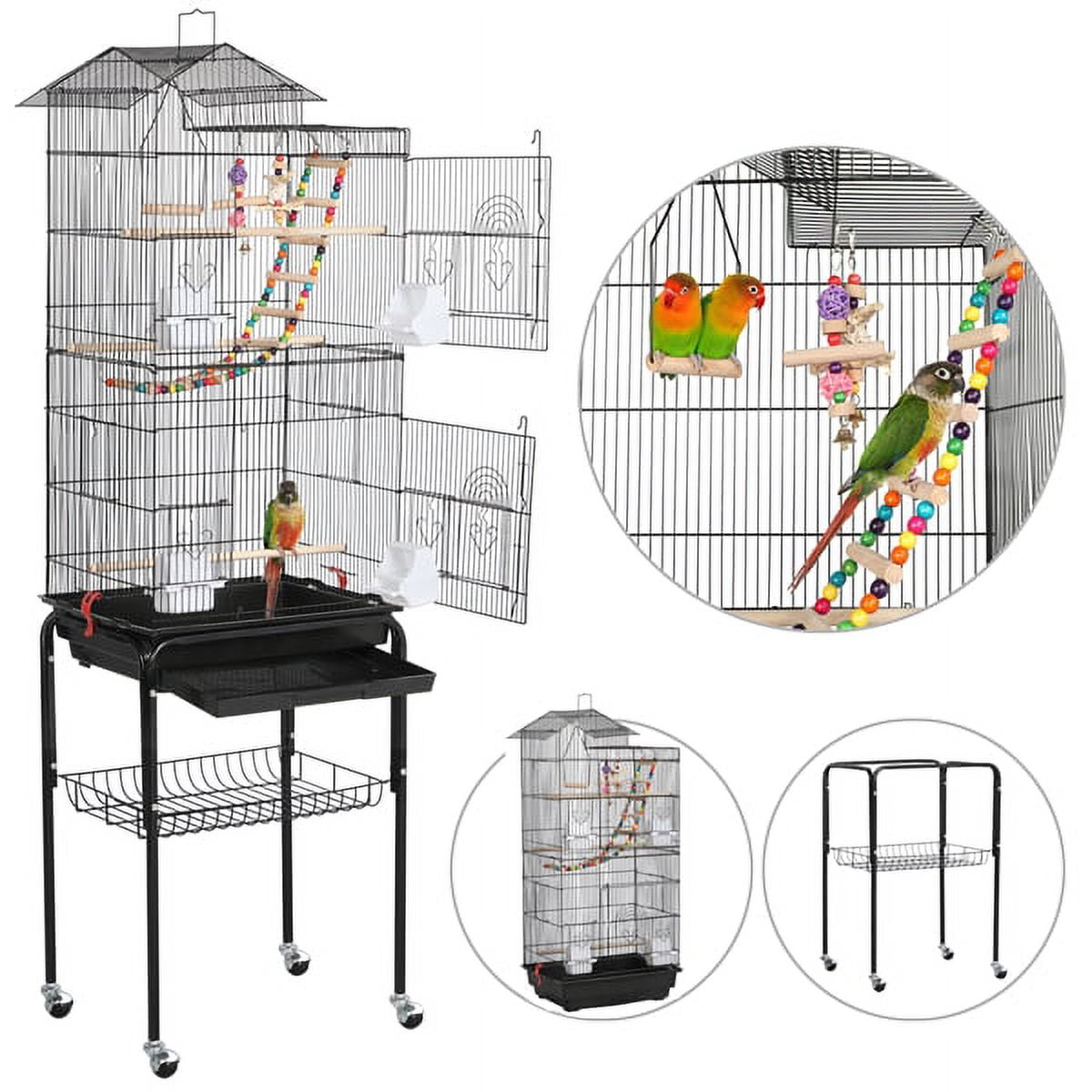Alden Design 62.4 Rolling Mid-Size Bird Cage with Perches, Black 