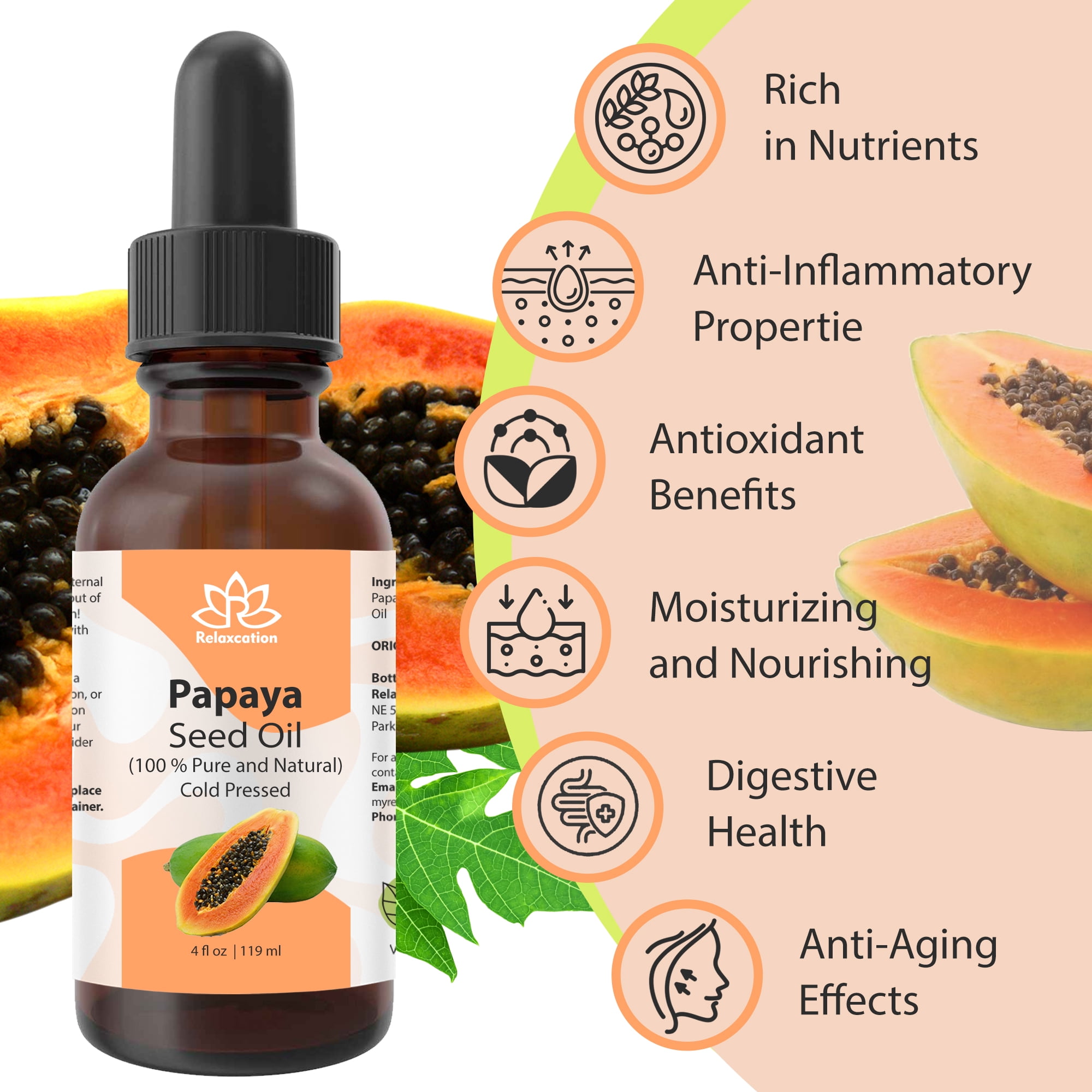 Papaya Seed Oil – 100% Pure Cold-Pressed Botanical Oil by Relaxcation | 4 fl oz