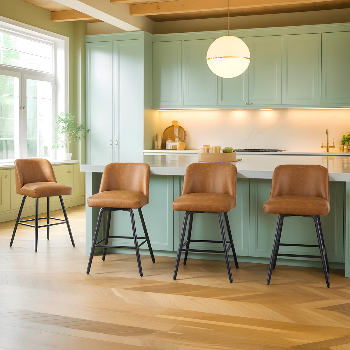 L'AGRATY Modern Bar Stools Set of 4, 26" High-Back Counter Stools, Faux Leather Upholstery, for Kitchen Island, Home Bar, Brown