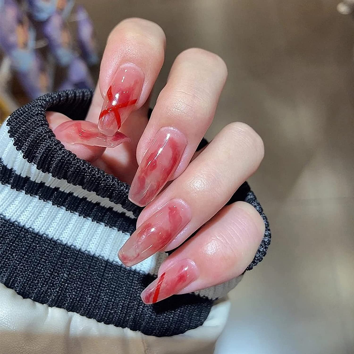 Glossy Fake Nails Medium Square False Nails Gradient Red Full Cover Acrylic Tips Stripe Artificial Fingernails For Women And Girls Walmart Com