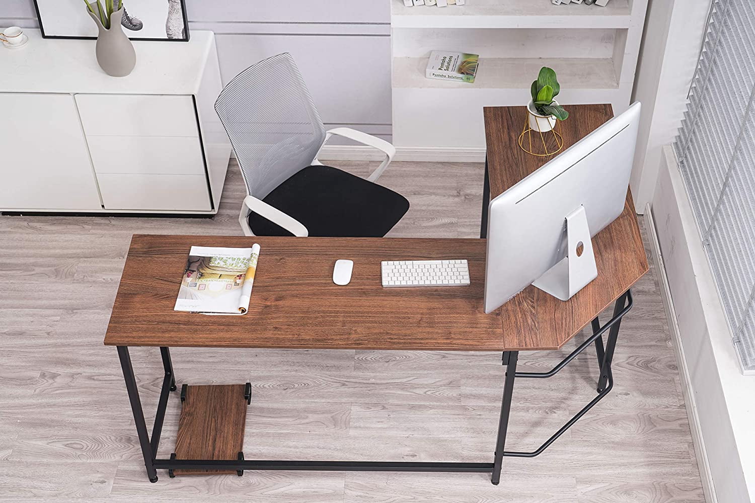 ivinta L Shaped Computer Desk, Modern Corner Desk for Small Space Living Room Bedroom 7121 (Brown)