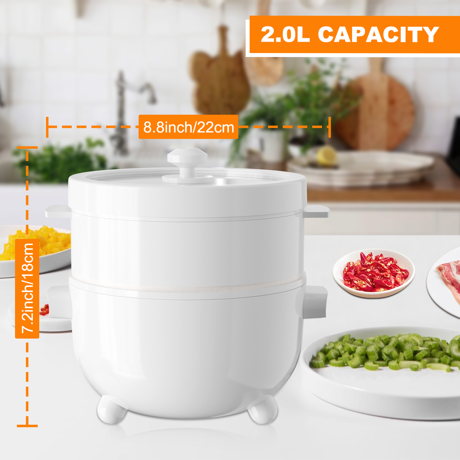 CACHOO  Electric Hot Pot with Steamer, Rapid Noodles Cooker, Ceramic Electric Pot 2 Liter, Ideal for Ramen, Egg, Dumpling, Soup, Oatmeal with Temperature Control and Keep Warm Function, White