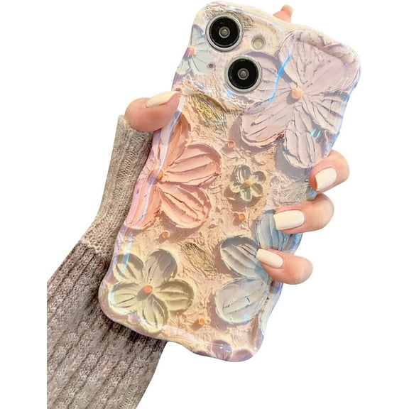 Compatible for iPhone 14 Case with Cute Holographic Sparkly Oil Painting Flowers Floral Wave Border Design for Girls Woman TPU Slim Phone Cove