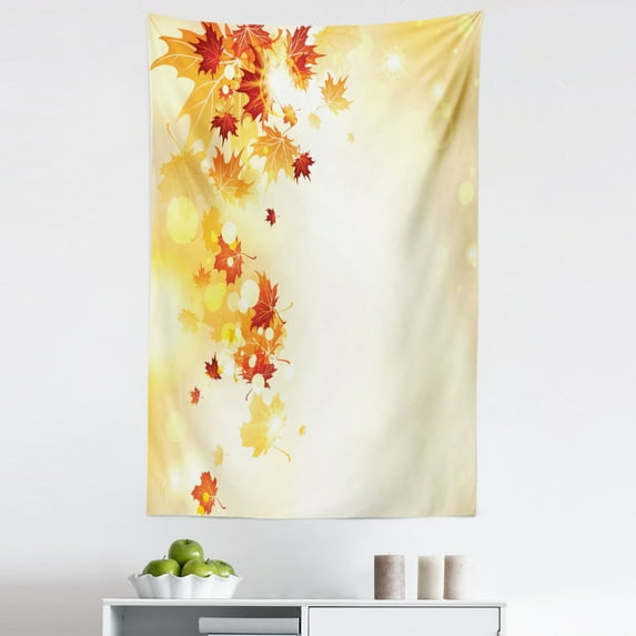 Autumn Tapestry, Flying Leaves Pattern on Bokeh Style Background Autumn Nature, Fabric Wall Hanging Decor for Bedroom Living Room Dorm, 5 Sizes, Pale Yellow Dark Orange, by Ambesonne