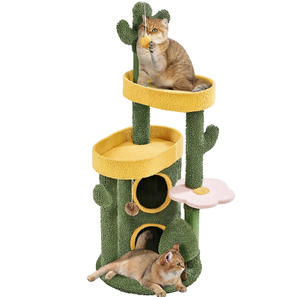 Yaheetech 48.5″ H Oasis-themed Cat Tower with Condos, Perches & Scratching Posts, Green/Yellow