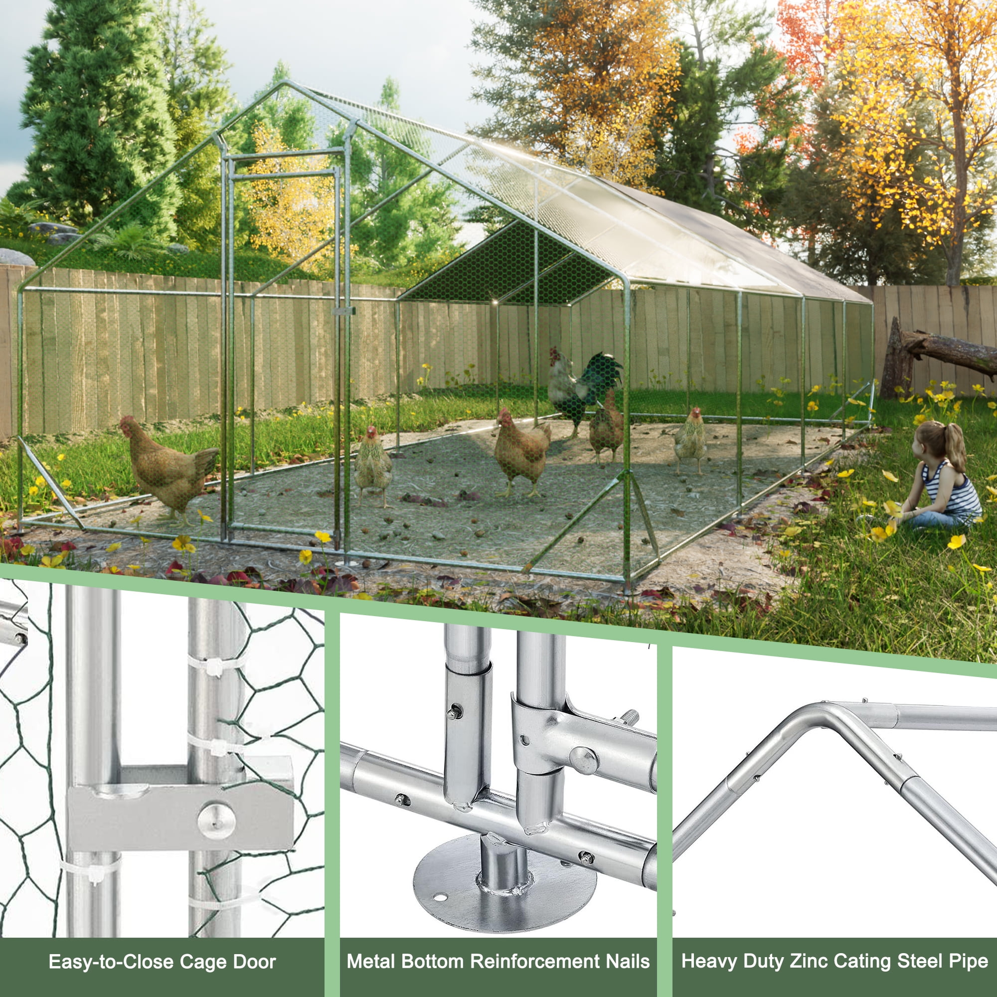 Large Metal Chicken Coop, Walk-in Chicken Run, Galvanized Wire Poultry Chicken Hen Pen Cage, Rabbits Duck Cages with Waterproof and Anti-Ultraviolet Cover for Outside(10' L x 26' W x 6.56' H)