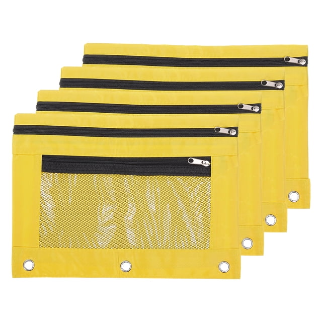 Unique Bargains Oxford Cloth Mesh Zipper Binder Pencil Case, Yellow, 4 Pack