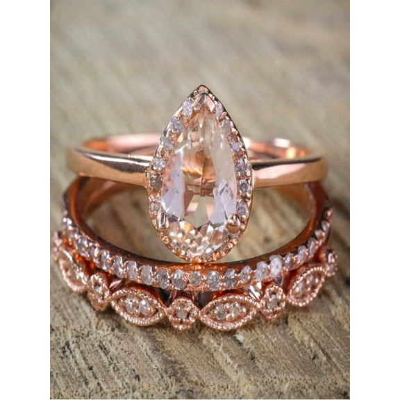 Sale On 2.25 Carat Pear Shape Morganite And Diamond Moissanite Halo Trio Bridal Wedding Ring Set Antique Vintage Design Milgrain In 10K Rose Gold For Women, Promise Ring, Anniversary Ring