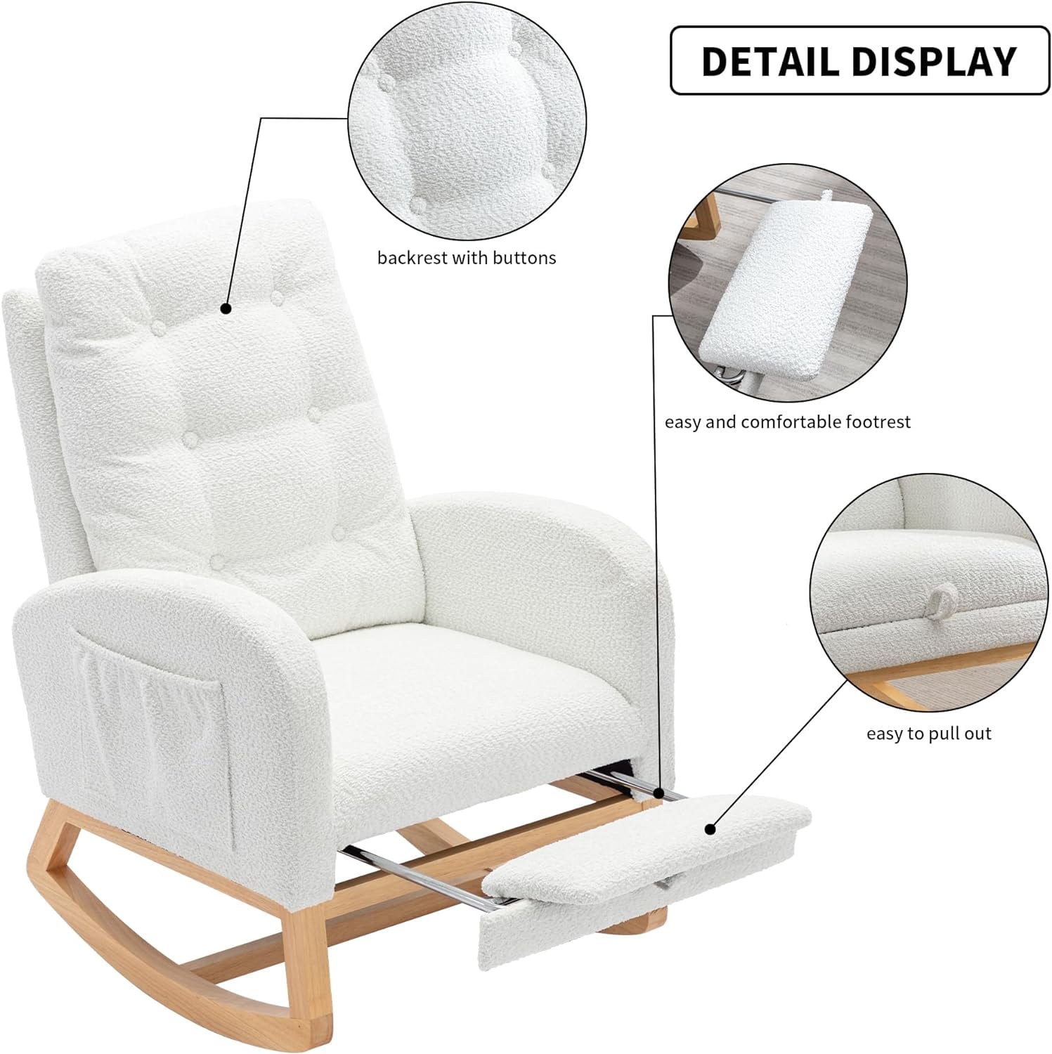 Rocking Chair with Retractable Foot Rest Glider Rocker Accent Chair Padded Seat with High Backrest Armchair Comfy Side Chair for Living Room Bedroom Offices (White)