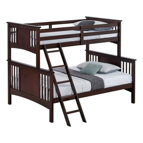 Ricky Twin Over Full Bunk Bed- Angled Ladder- Dark Brown Solid Hardwood