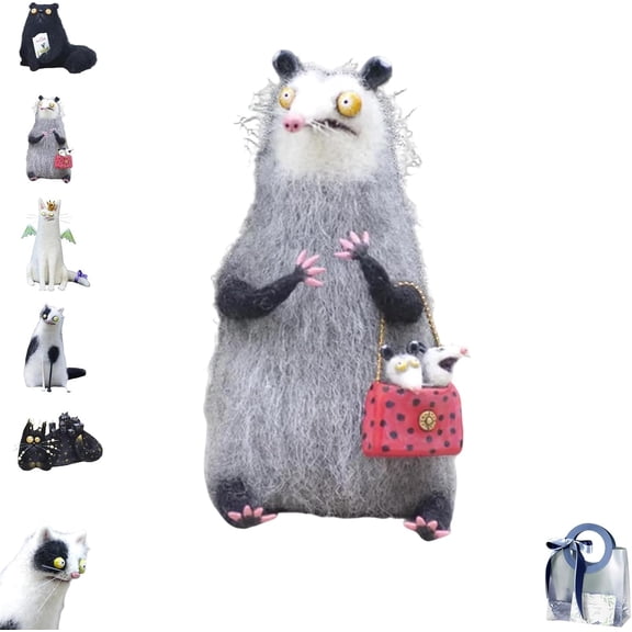 Wool Felt Familiars – Quirky Handmade Companions, Anxious Mother Opossum, Handmade Needle Felted Cat Dolls, Humorous Wool Animals Figurines Tabletop Decor, Mini Soft Big-Eyed Decor for Home(#A)