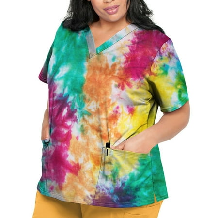 

Sksloeg Scrubs Tops Women Stretchy Tie-dye Printed V-Neck Workwear with Pockets Shirts Nursing Working Uniform Green XXXXL
