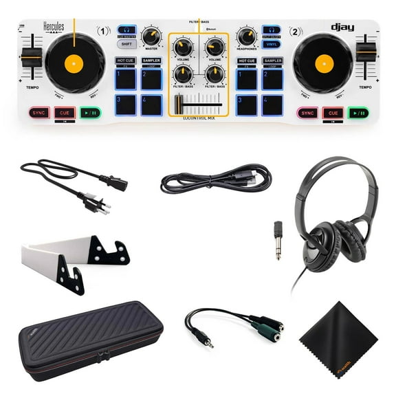 Hercules DJ Control Mix - Blue Wireless Bluetooth DJ Controller with Over Ear Headphones (Black), Waith Control Mix Case and Waith Cleaning Cloth - Algoriddim djay Software Included (Bundle Set)