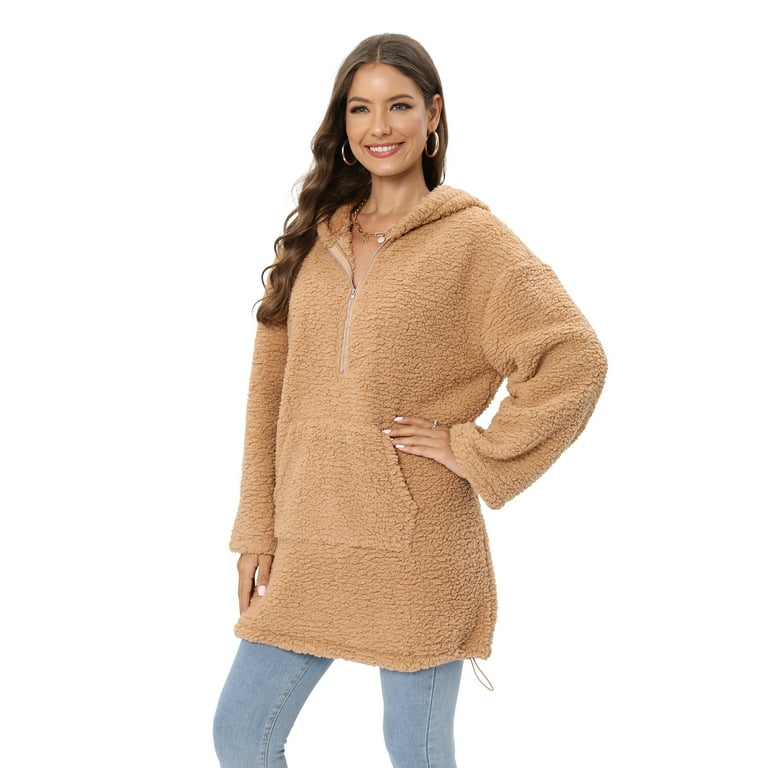 Womens Oversized Sherpa Pullover Hoodie with Pockets Zipper Fuzzy Fleece Pullover Sweatshirt Fluffy Coat