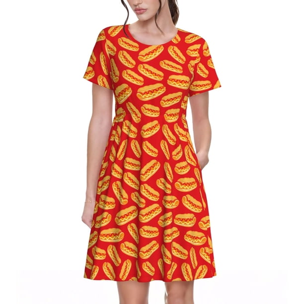 Disketp A Big Hot Dog para Vestido de Manga Corta para Mujeres, Vestidos de Verano para Mujeres, Casual y Holgado para la Playa